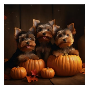 Pôster Yorkshire Terrier Puppy Autumn Delight Pumpkin