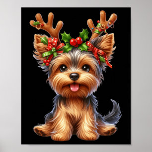 Poster Yorkshire Terrier Reindeer Santa Hat Xmas Luzes C