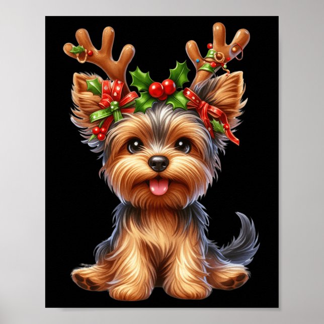 Poster Yorkshire Terrier Reindeer Santa Hat Xmas Luzes C (Frente)