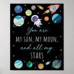 Poster You Are My Sun Moon Stars Space Blue & Gold<br><div class="desc">This adorable design features colorful planets with faux gold foil stars.</div>