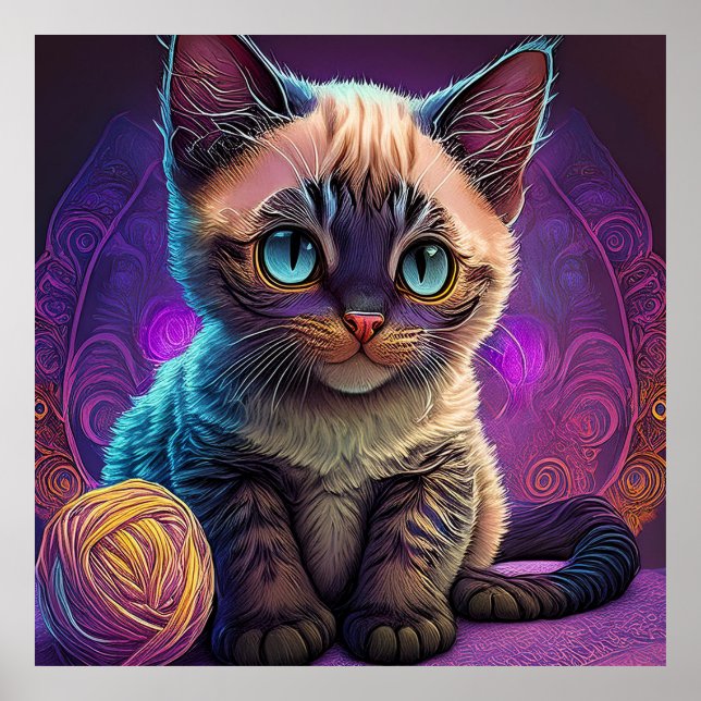 Poster Young Blue Eyed Kitten With Ball Of Yarn (Frente)