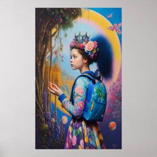 Poster Young girl in forest with backpack