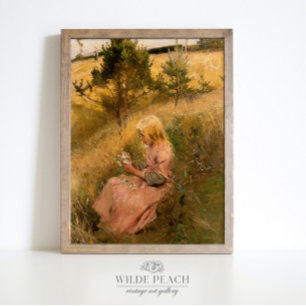 Poster Young Girl picking flowers vintage painting