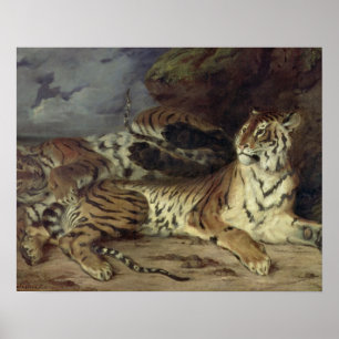 Pôster Young tiger playing with his mother, 1830 (oil on