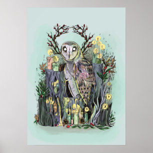 Poster Yule Winter Solstício Barn Owl Com Corridas