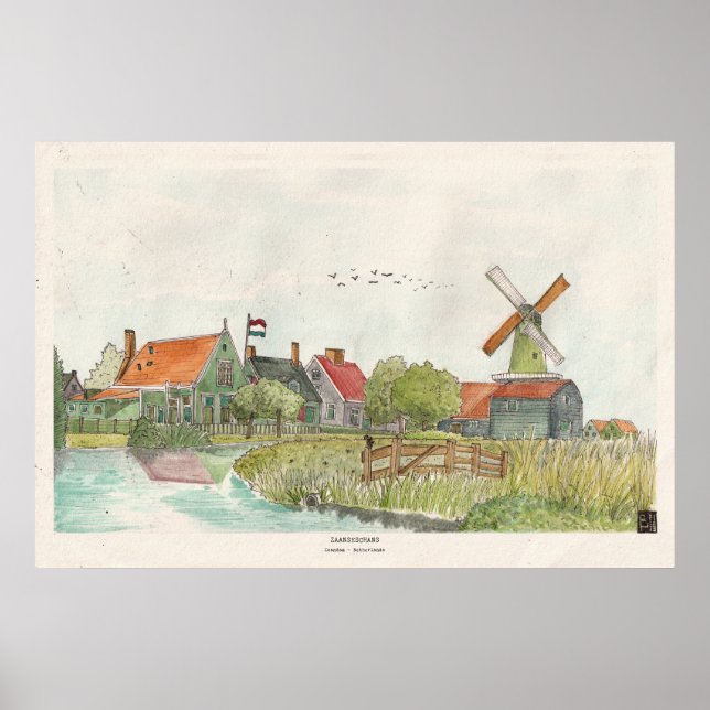 Poster Zaanse Schans Zaandam Países Baixos Watercolor (Frente)