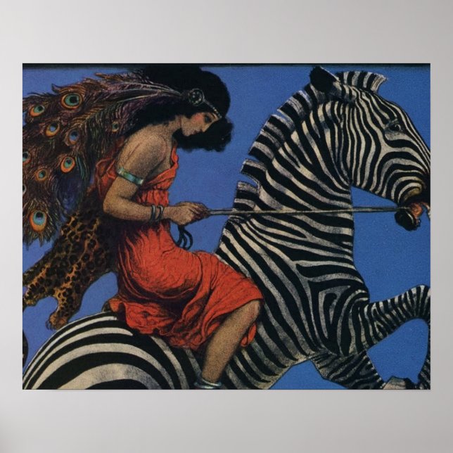Poster Zebra Antigo com Mulher Cavalgando em Estilo Art N (Frente)