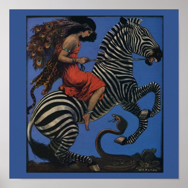Poster Zebra Antigo com Mulher Cavalgando em Estilo Art N (Frente)