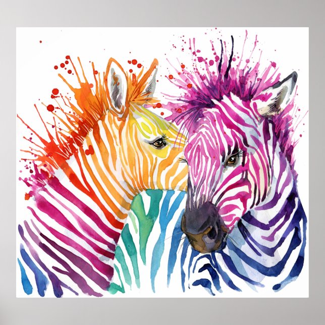 Poster zebra arco-íris, ilustração selvagem com cor d'águ (Frente)