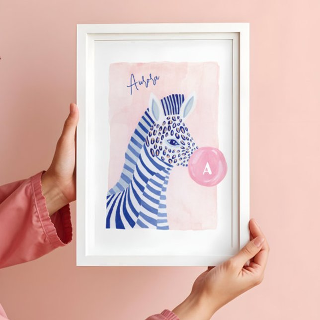 Poster Zebra de Aquarela Azul Soprando Bolha de Chiclete (Blue Watercolor Zebra Animal Blowing Gum Bubble Poster)