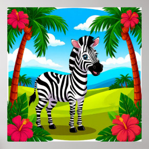 Poster Zebra de desenho animado alegre em uma paisagem tr