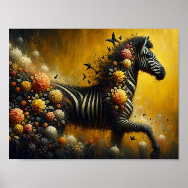 Poster Zebra e flores maravilhosas num fundo amarelo (Frente)