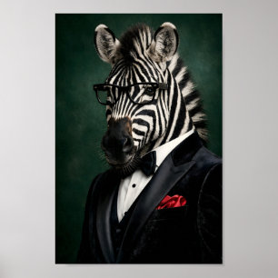 Poster Zebra Elegante em Smoking de Veludo Preto e Lendo