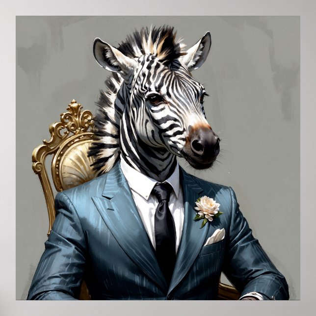 Poster Zebra Elegante na Pintura de Retrato de Traje Azul (Frente)