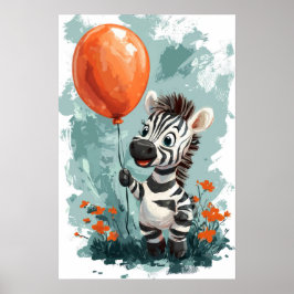Poster Zebra Fofa com Balão Laranja Ilustração Caprichosa