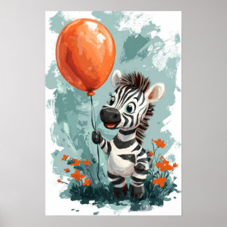 Poster Zebra Fofa com Balão Laranja Ilustração Caprichosa