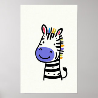 Poster Zebra Fofo com Crina de Arco-íris Quarto de Bebê c