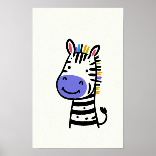 Poster Zebra Fofo com Crina de Arco-íris Quarto de Bebê c (Frente)