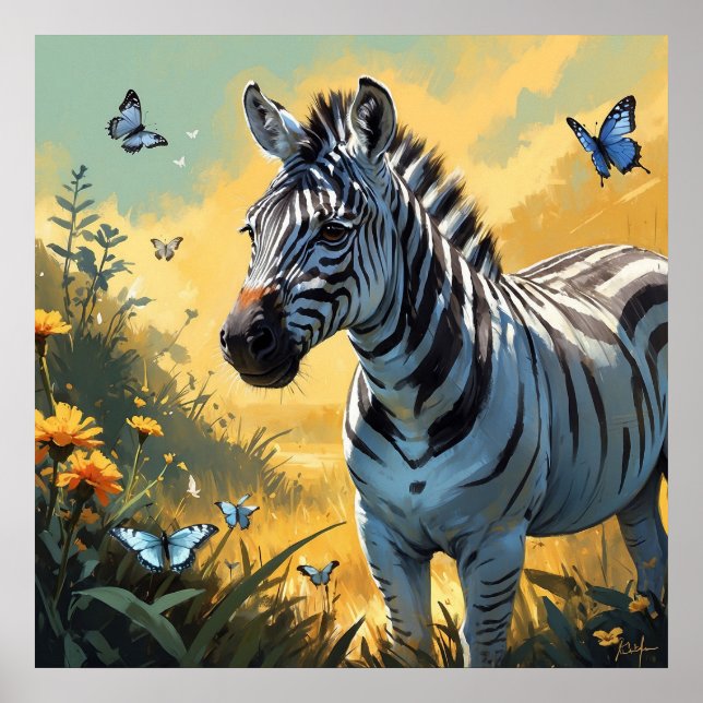 Poster Zebra Incrível com Borboletas Vida Selvagem (Frente)