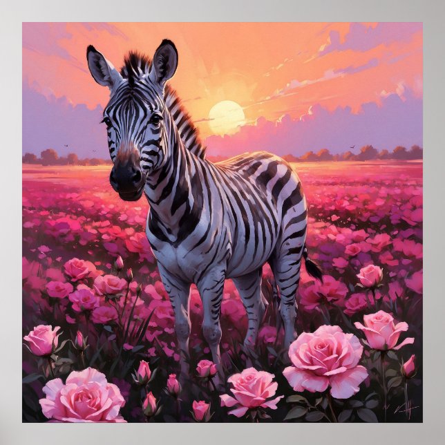 Poster Zebra vibrante em pintura de campo rosa rosa rosa  (Frente)