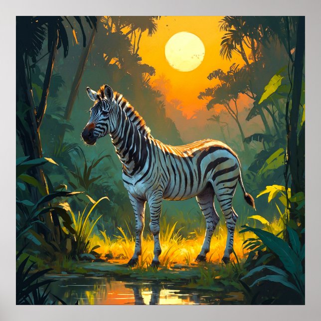 Poster Zebra vibrante na selva com pintura por solários (Frente)