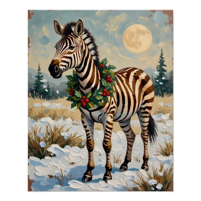Pôster Zebra Vintage em Campo de Natal Nevado (Frente)