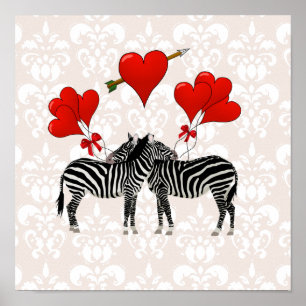 Poster Zebras e corações em damasco cor-de-rosa