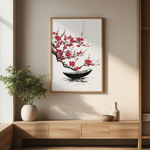Pôster Zen Boat & Blossom Minimalista Ink Wall Art
