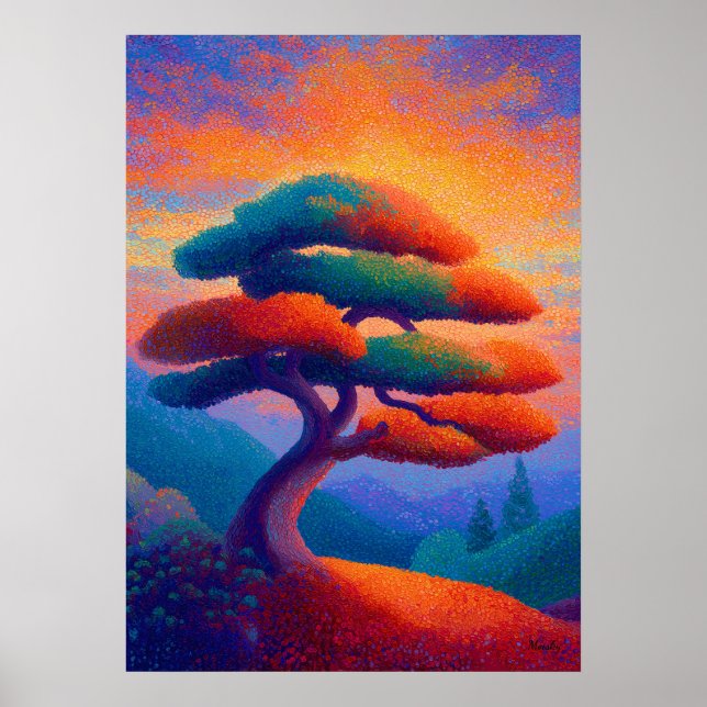 Poster Zen Bonsai Tree Pointillism Landscape Art (Frente)