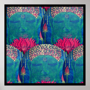 Poster Zen Green Buddha Face Red Lotus Espiritual