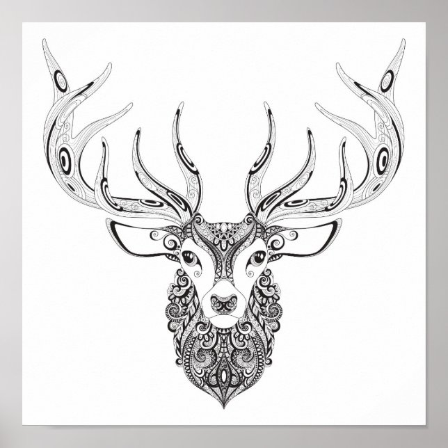 Pôster Zentangle Inspirou Deer Hormone Head 2 (Frente)
