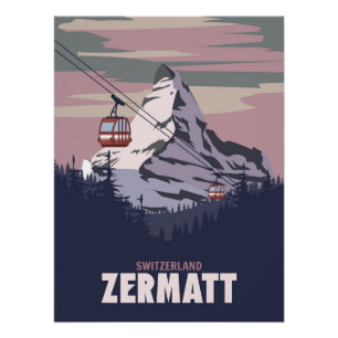 Pôster Zermatt Ski resort poster, Retro Alpes Winter