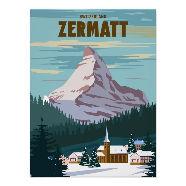 Pôster Zermatt Ski resort poster, Retro, Alpes Winter (Frente)
