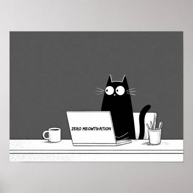 Poster Zero Meowtivation Cat – Funny Lazy Work Cartoon (Frente)
