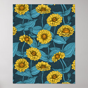 Poster Zinnias Amarelas em azul escuro