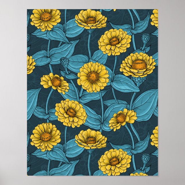 Poster Zinnias Amarelas em azul escuro (Frente)