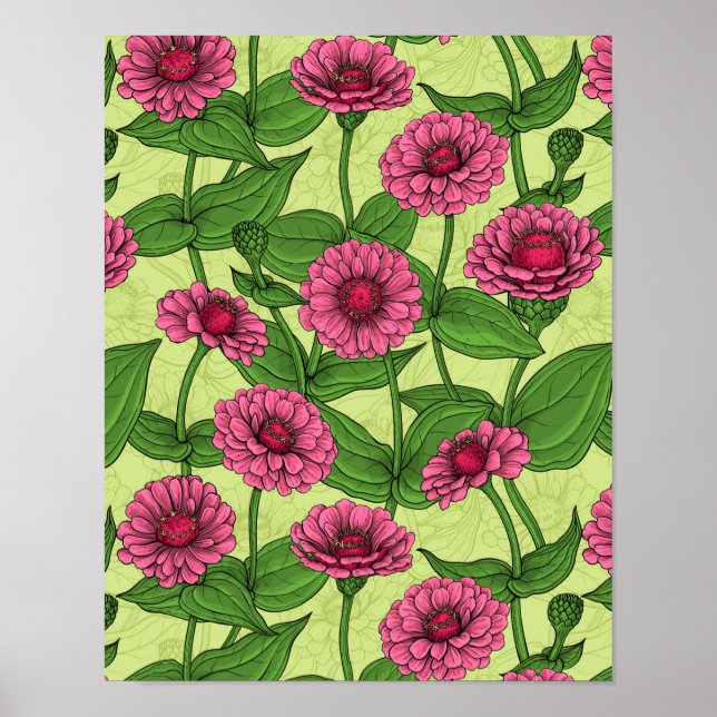 Poster Zinnias cor-de-rosa em verde claro (Frente)
