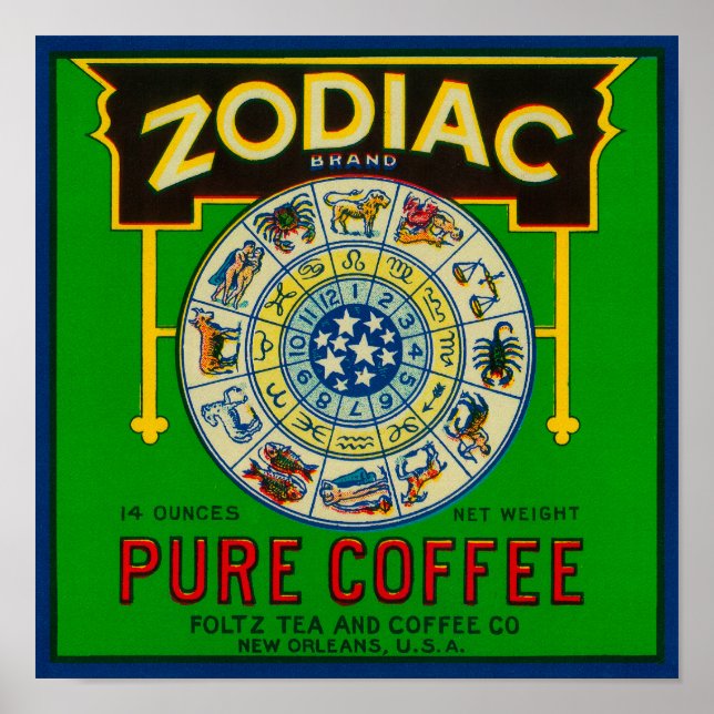 Poster Zodiac Coffee LabelNew Orleans, LA (Frente)