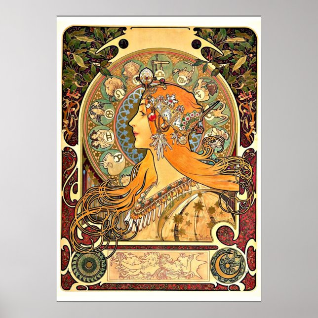 Poster Zodiac, pintura de Art Nouveau por Alphonse Mucha (Frente)