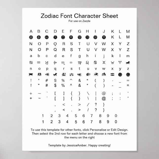 Poster Zodiac Symbol Font Chararacter Reference (Frente)