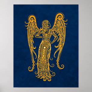 Poster Zodíaco amarelo intrincado do Virgo no azul