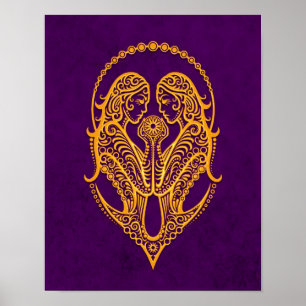 Poster Zodíaco amarelo intrincado dos Gêmeos no roxo