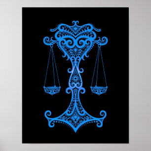Poster Zodíaco azul intrincado do Libra no preto