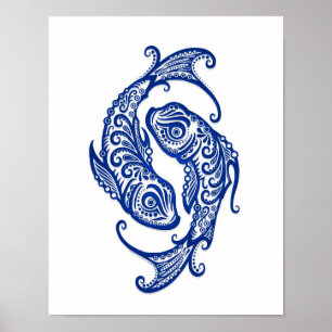 Pôster Zodíaco azul intrincado dos peixes no branco