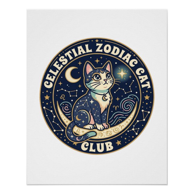 Pôster Zodíaco Celestial Gato Fofo Camiseta - Cel (Frente)