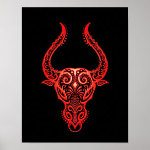 Poster Zodíaco vermelho intrincado do Taurus no preto