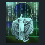 Poster Zohara: Mulher do Art Deco em Aqua e Verde<br><div class="desc">Zohara de vestido de ópera e casaco. Sua casaco é uma broca revestida de seda,  seu vestido é seda,  grosseiramente bordada com fios metálicos. Ela se coloca contra um pano de fundo de seda brilhante colorida com fios de estrelas cintilantes e vidro arco-íris em uma estrutura metálica.</div>