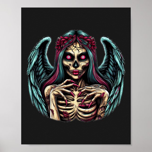 Poster Zombie Angel Dark Fantasy Art, esqueleto assustado (Frente)