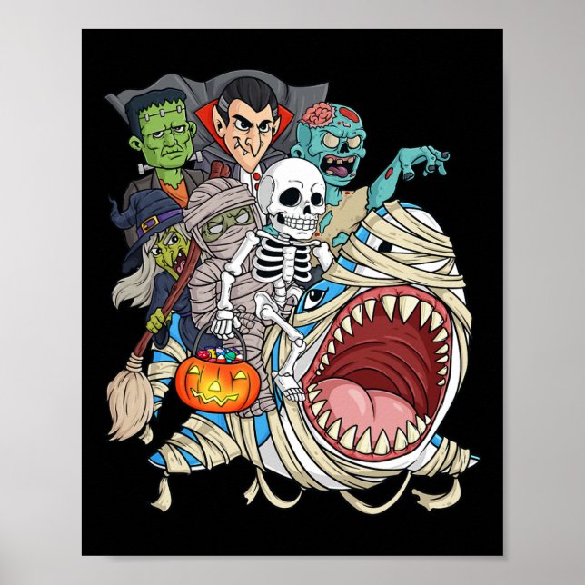 Poster Zombie Riding Mummy Shark Vampire Halloween Pumpki (Frente)