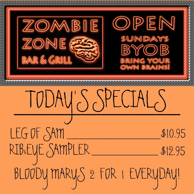 Pôster Zombie Zone Engraçado BYOB Traga Seu Próprio Céreb (Zombie Zone Menu Halloween Poster)